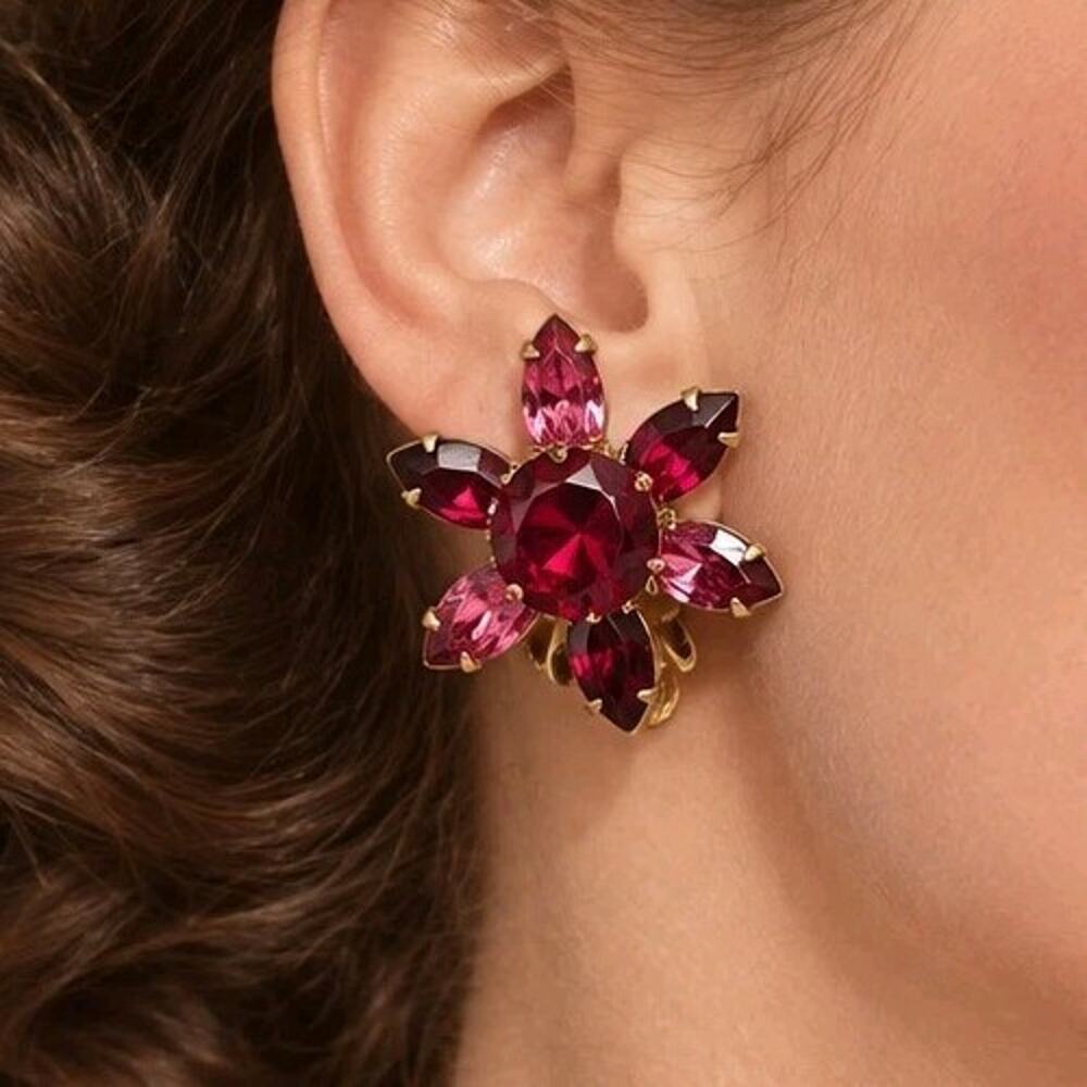 Vintage BeauJewels Red and Pink Rhinestone Clip-on Earrings Glam Bling Flower